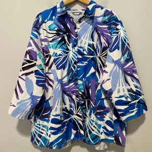 All Hours Vtg Floral Women's Size 2X Button Up Shirt 3/4 Sleeve U.S.A. Made